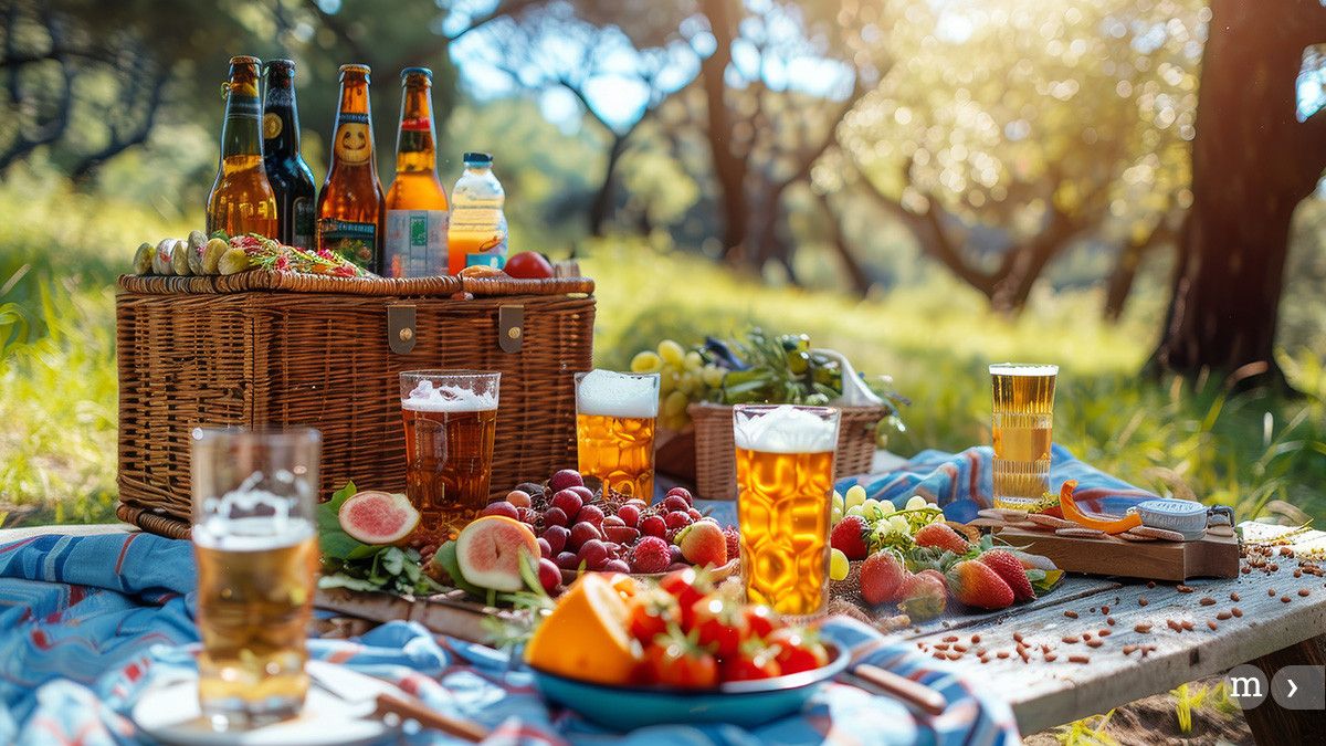 Ein Picknick im Grünen bei Sonnenschein. Im Vordergrund steht ein geflochtener Picknickkorb, umgeben von verschiedenen Lebensmitteln wie Obst und Sandwiches sowie zwei Flaschen mit Gläsern, die mit Saft gefüllt sind.